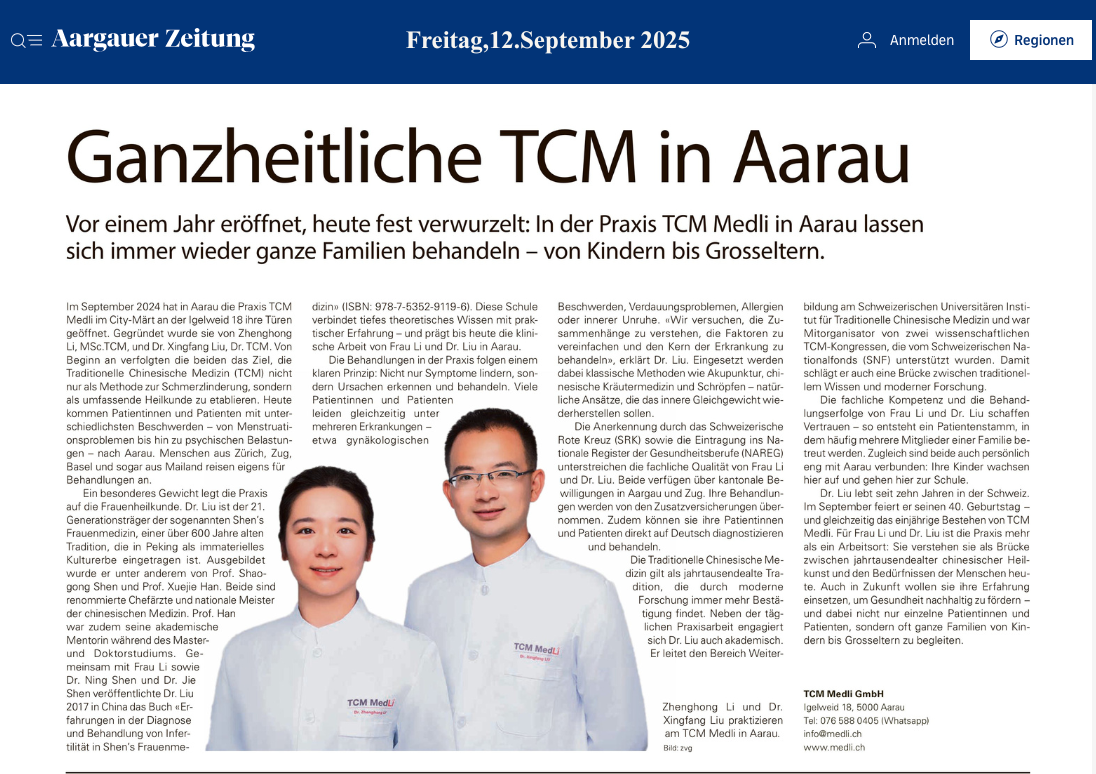 Anzeige in der Aargauer Zeitung vom 12. September 2024 zum 1-jährigen Jubiläum von TCM MedLi.